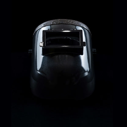 Front view of EliteWave Welding Hood with brown snake leather detail and flip-lens window.