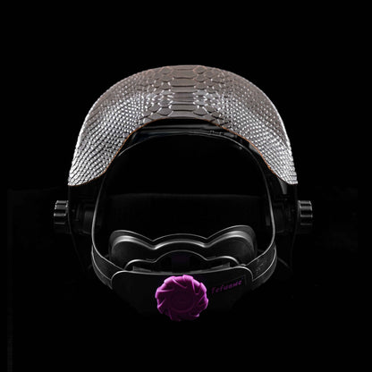 Inside view of EliteWave Welding Hood showing brown snake leather headband and ergonomic fit.