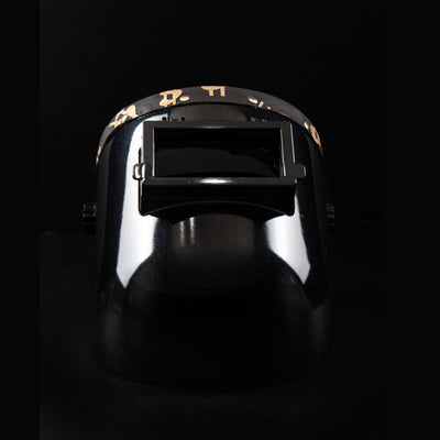 Front view of EliteWave Welding Hood with luxe dollar leather detail and flip lens up.