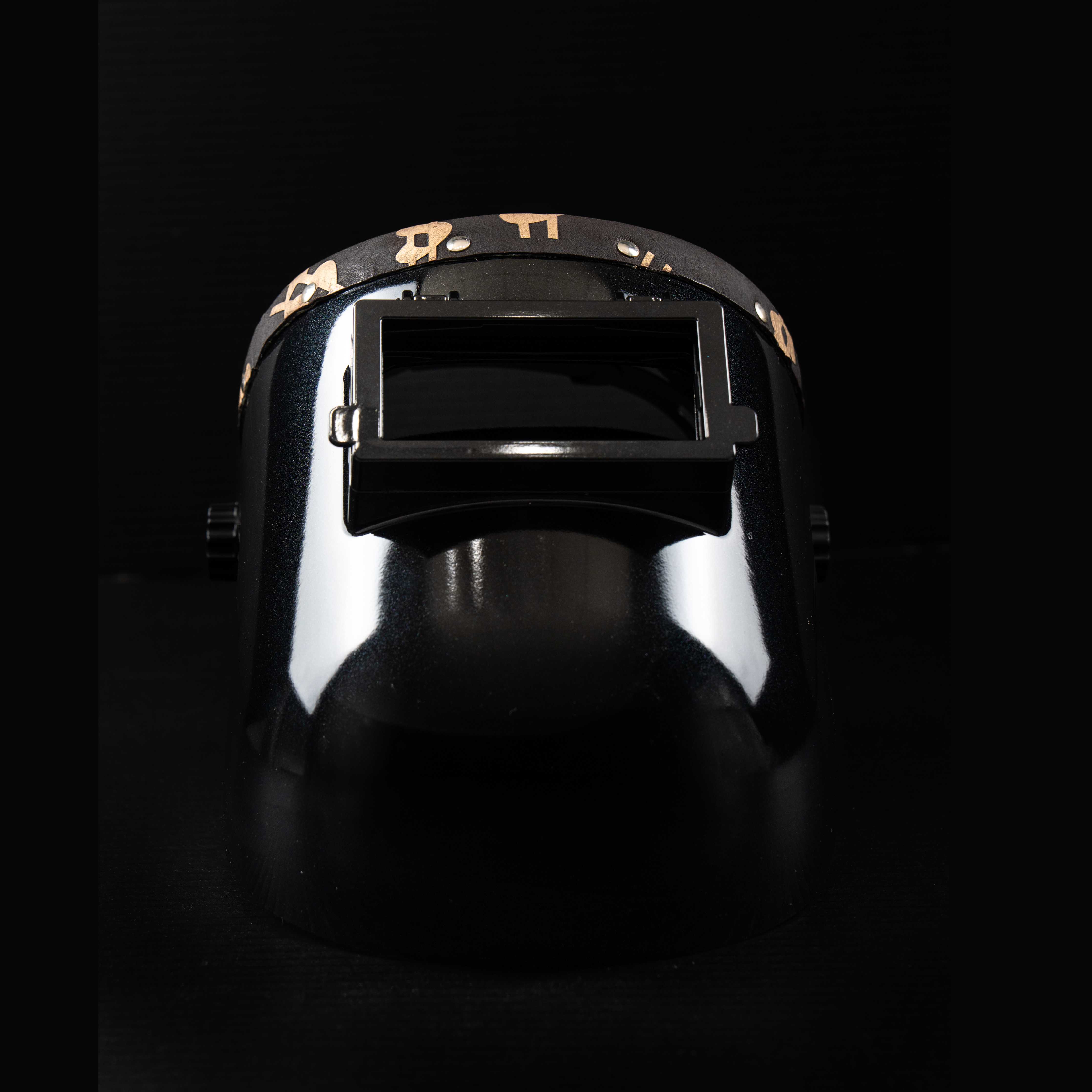 Front view of EliteWave Welding Hood with luxe dollar leather detail and flip lens up.