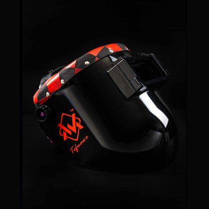 EliteWave Flip Lens Welding Hood with red and black checkered leather trim, side view glossy finish.