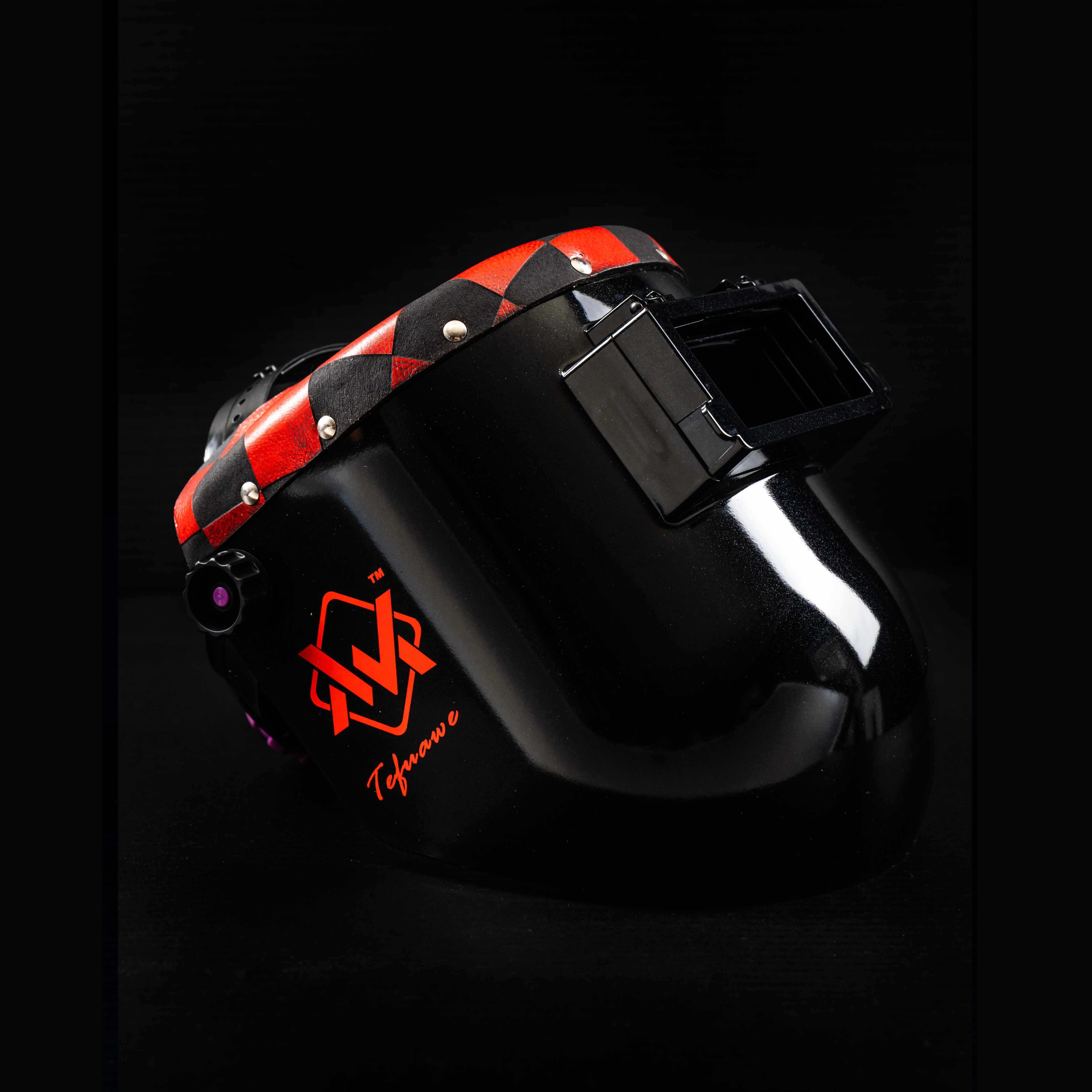 EliteWave Flip Lens Welding Hood with red and black checkered leather trim, side view glossy finish.