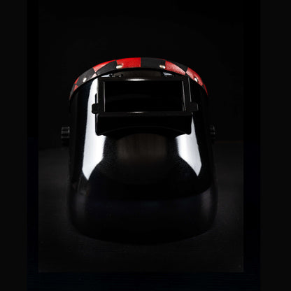 Front view of EliteWave Welding Hood with red and black checkered leather accent and flip lens.