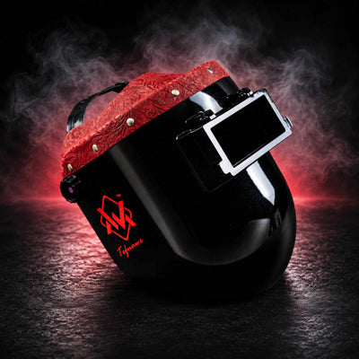 EliteWave Flip Lens Welding Hood with red floral leather trim, side view glossy black shell and flip lens.