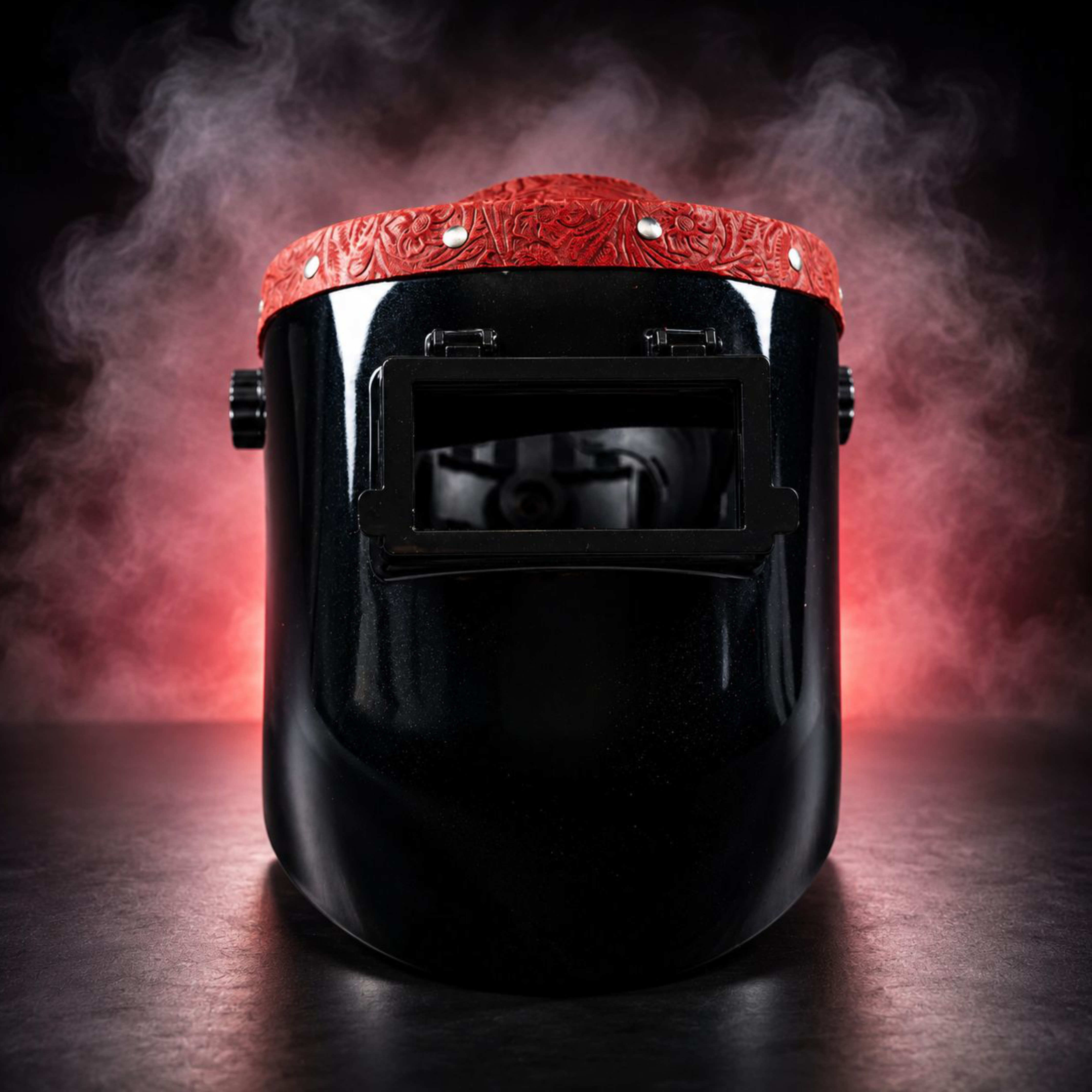 Front view of EliteWave Welding Hood featuring red floral leather accent and open lens window.