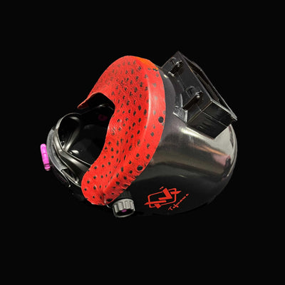 EliteWave Flip Lens Welding Hood with red ostrich leather trim, side view glossy black shell and flip lens.