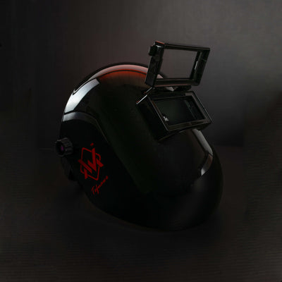 Black BlazeShield Welding Hood with red logo, angled front view highlighting open flip lens design.