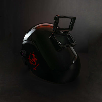 Black BlazeShield Welding Hood with red logo, angled front view highlighting open flip lens design.