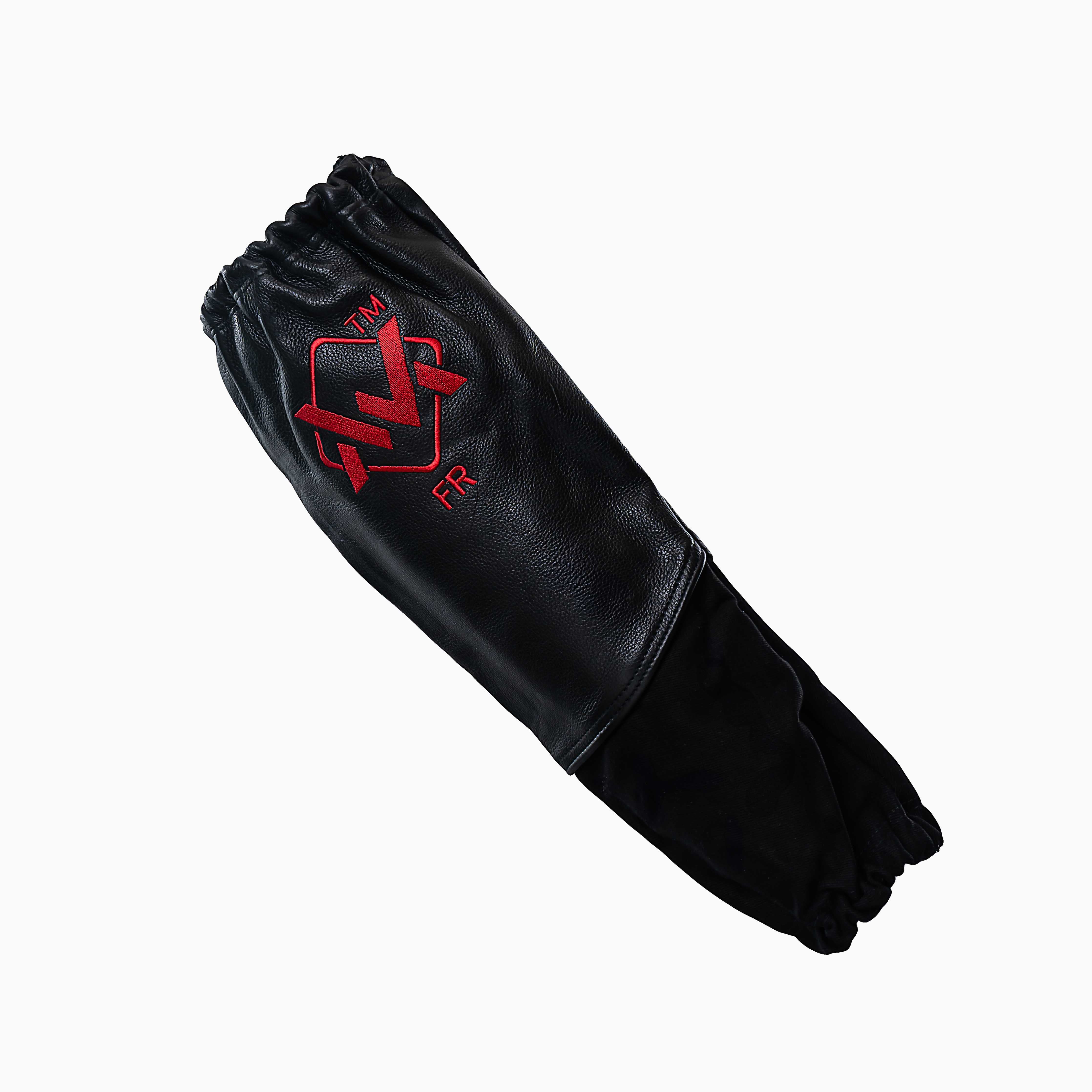 Black Magician High-Protection Welding Sleeves with red logo, flame-resistant leather arm protectors.