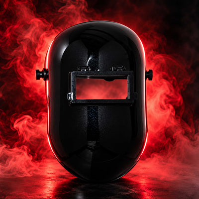 BlazeShield Flip Lens Welding Hood, front view showing the flip lens frame against a dramatic red smoke background.