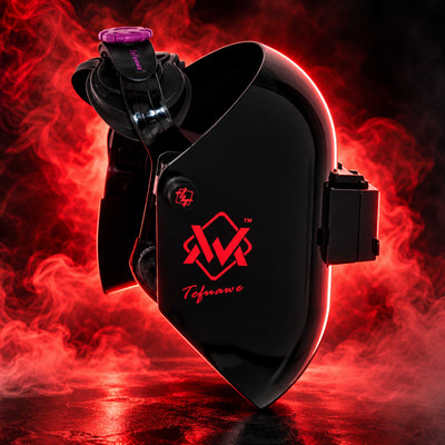 BlazeShield Flip Lens Welding Hood, side view showing adjustable headgear and black shell with cinematic red smoke.