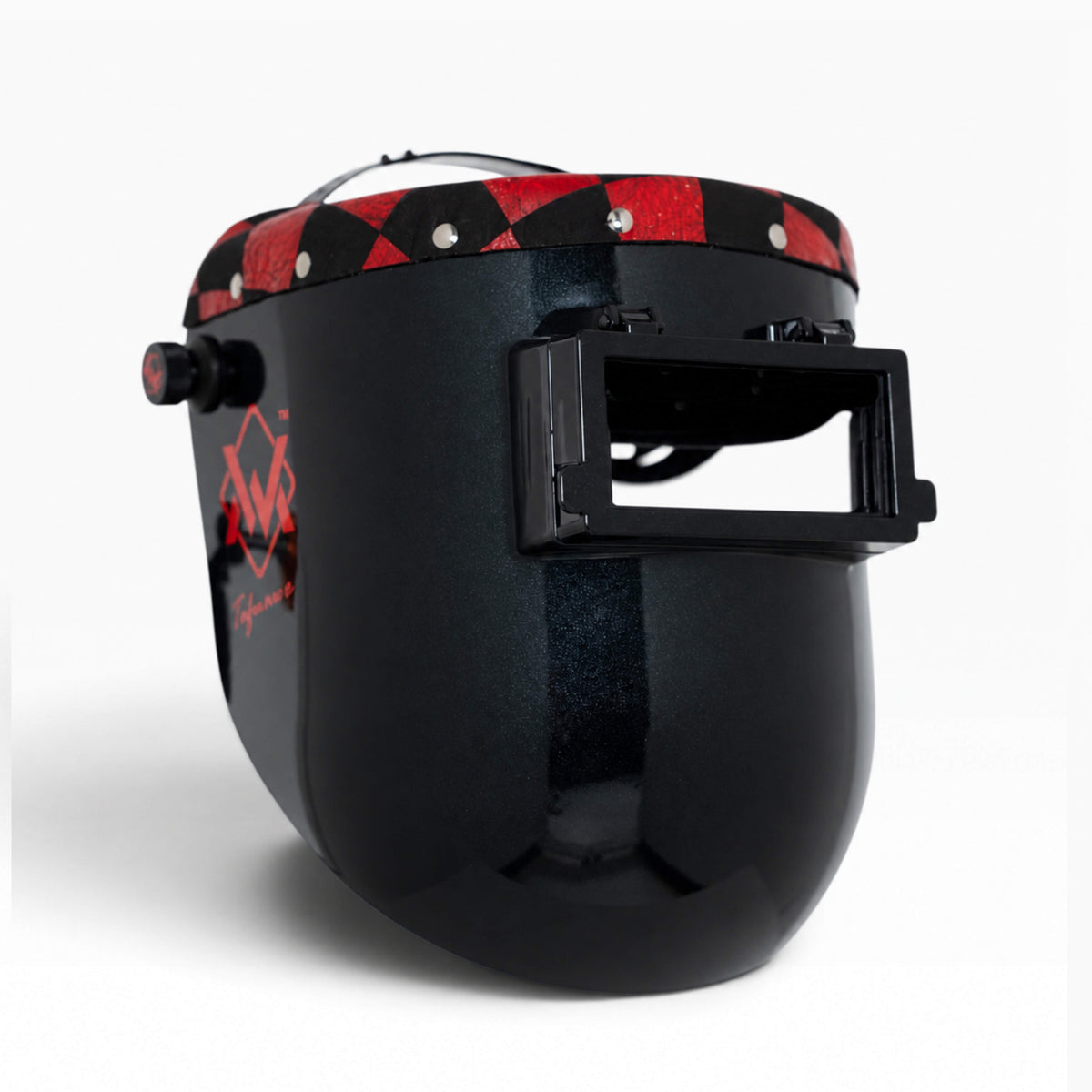 EliteWave Flip Lens Welding Hood in Red Black Checkered leather, angled front view with flip-up lens