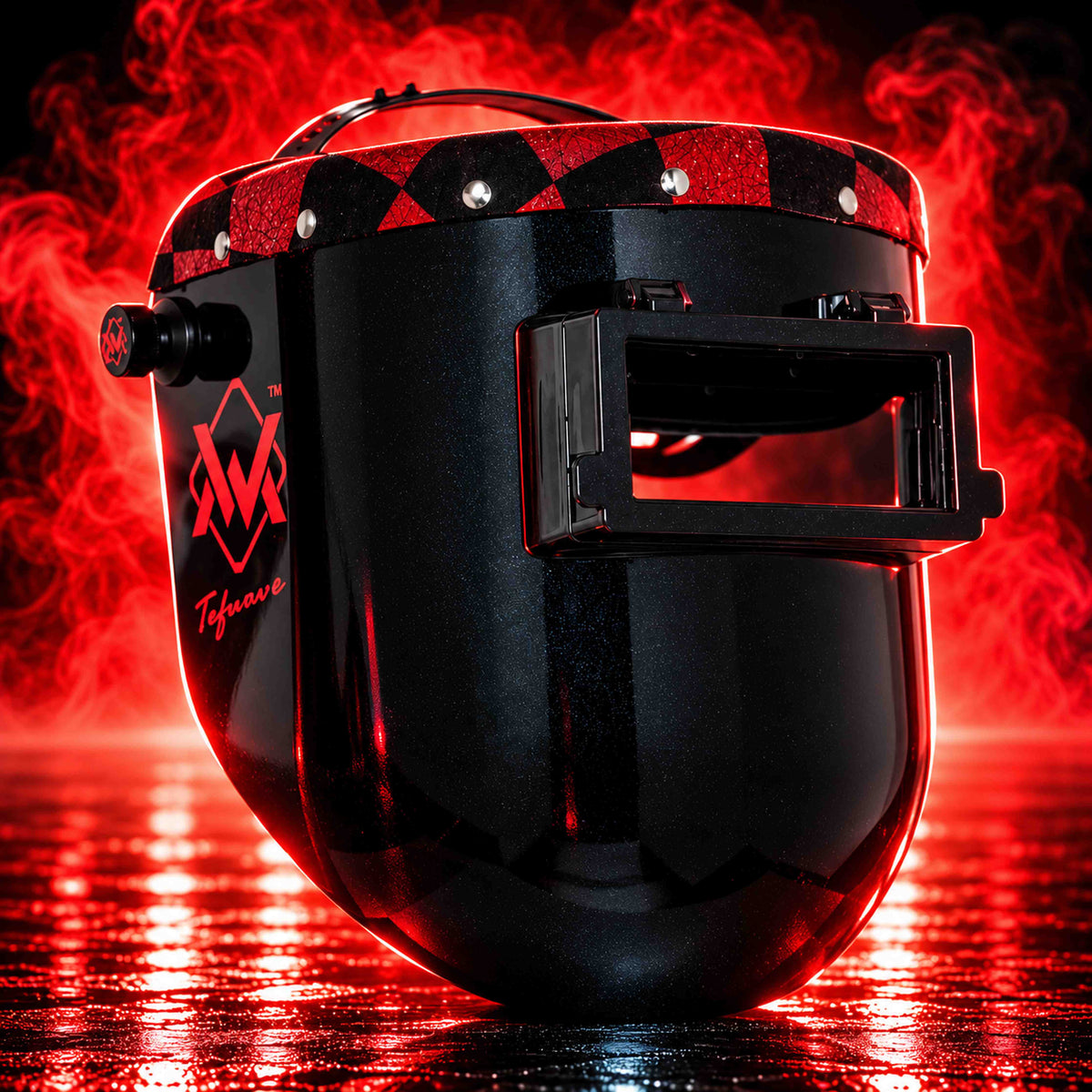 EliteWave Flip Lens Welding Hood in Red and Black Checkered, angled front view with checkered trim, black shell and red smoke.