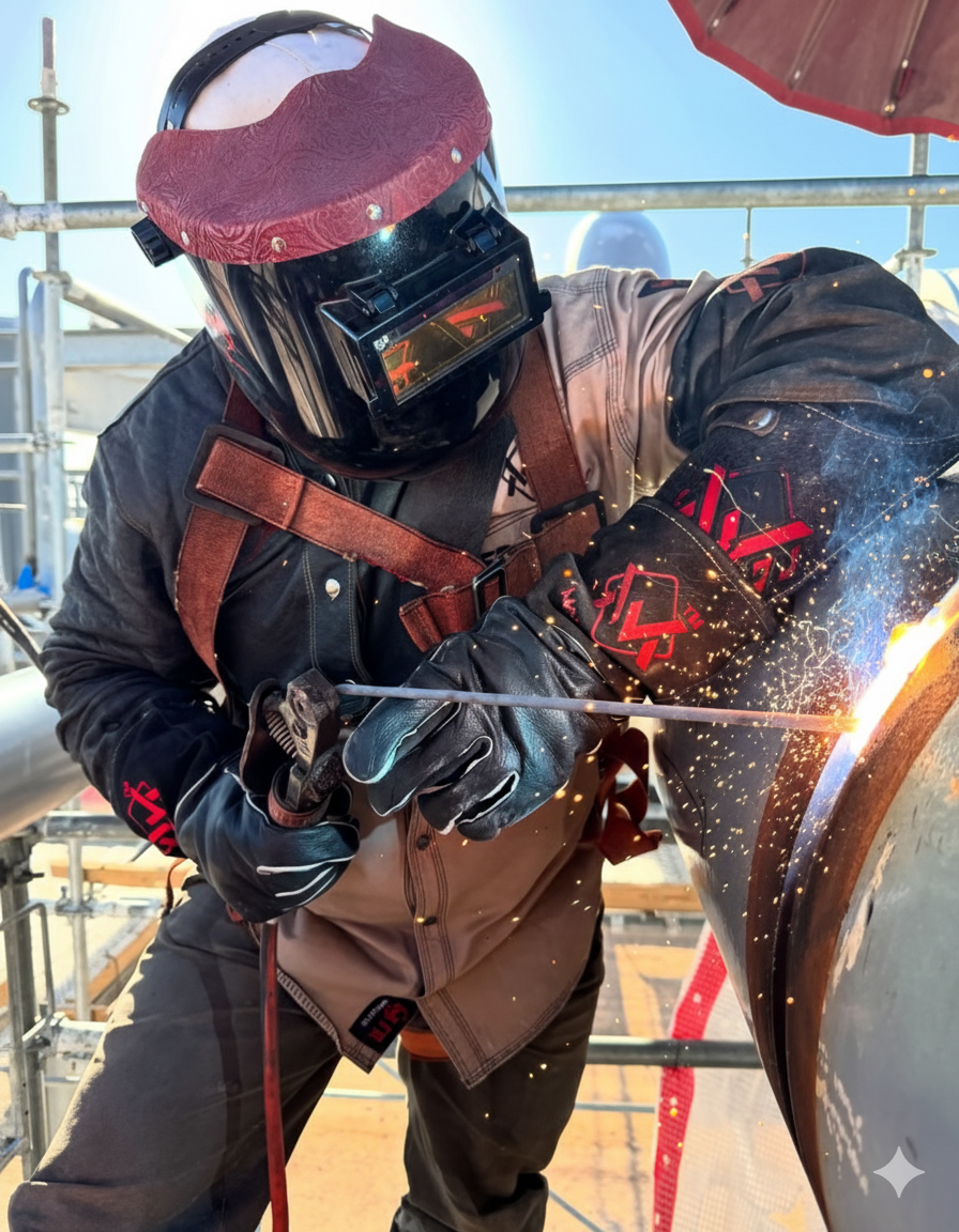 Person welding wearing protective gear with a bright light in the foreground