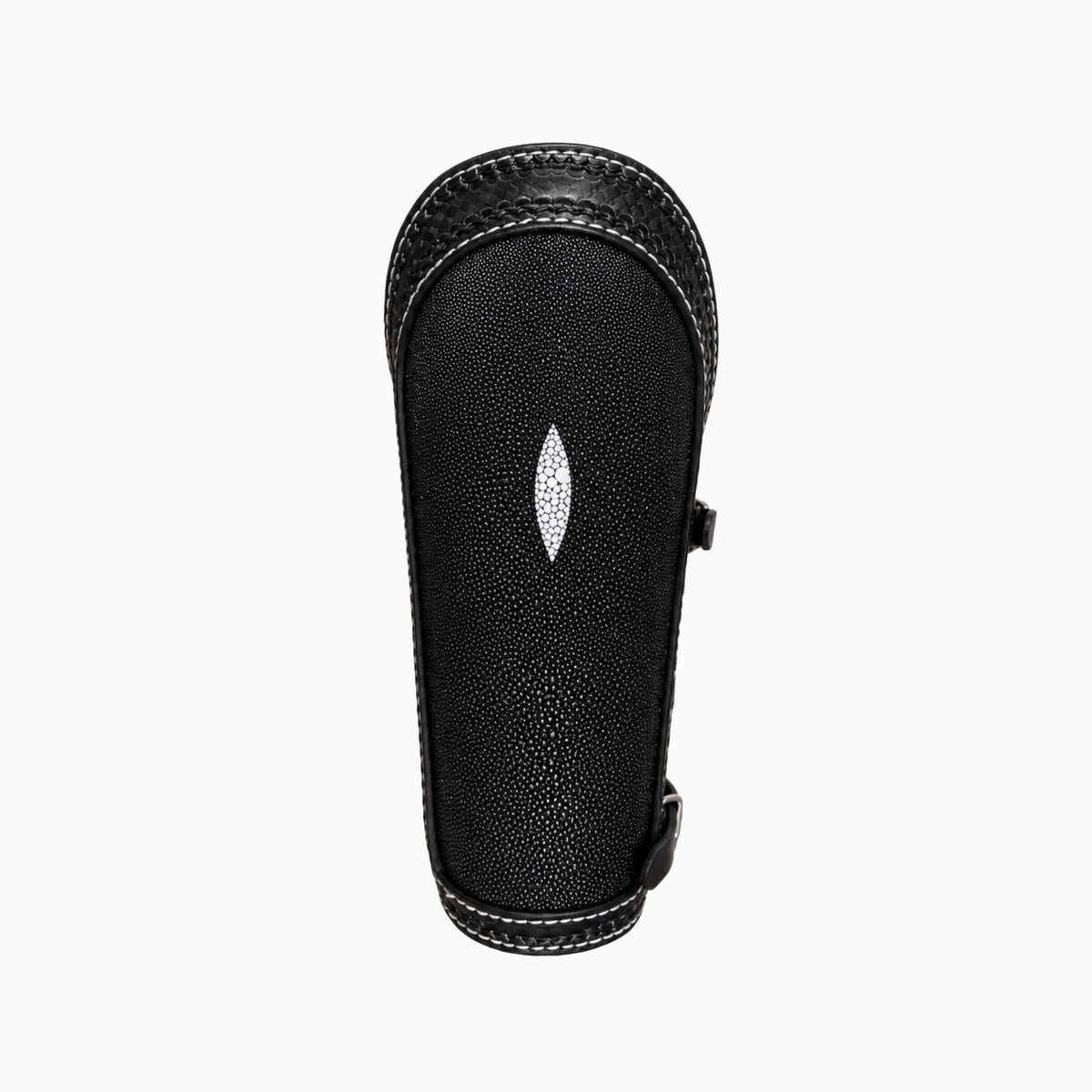 Magician Premium Leather Welding Armguard in All Black, front view with textured leather and white center accent.