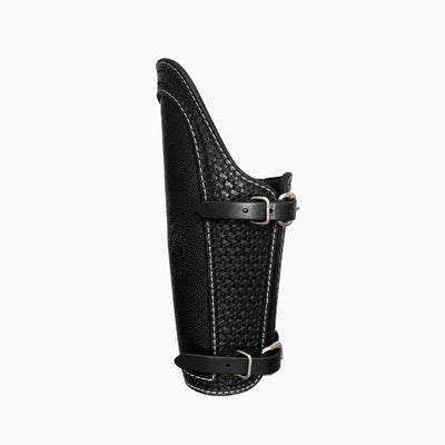 Magician Premium Leather Welding Armguard in All Black, side view featuring woven leather detailing and buckle straps.