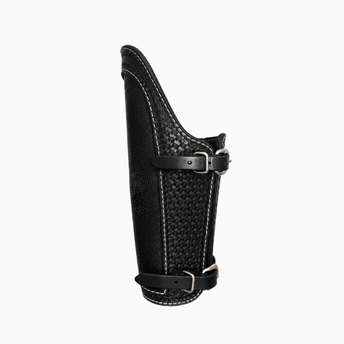 Magician Premium Leather Welding Armguard in All Black, side view featuring woven leather detailing and buckle straps.