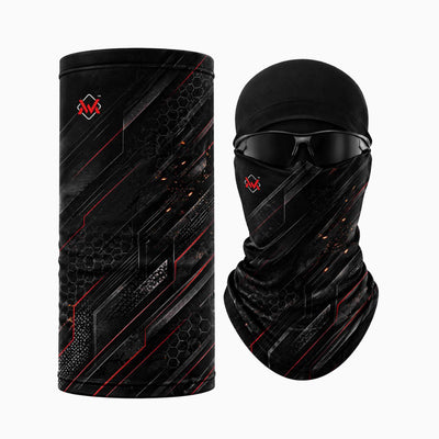 Magician Signature neck gaiter in Black / Red Strike with charcoal geometric graphics, shown flat and worn as a face cover