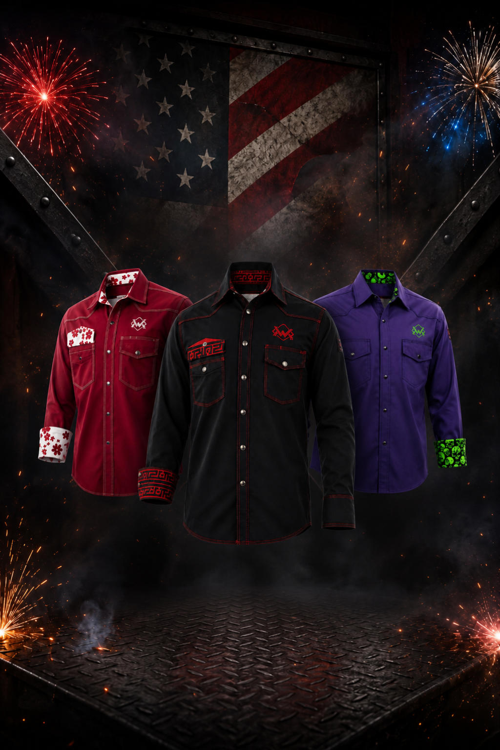 Three FR welding shirts in a dark patriotic industrial scene with fireworks and an American flag background.