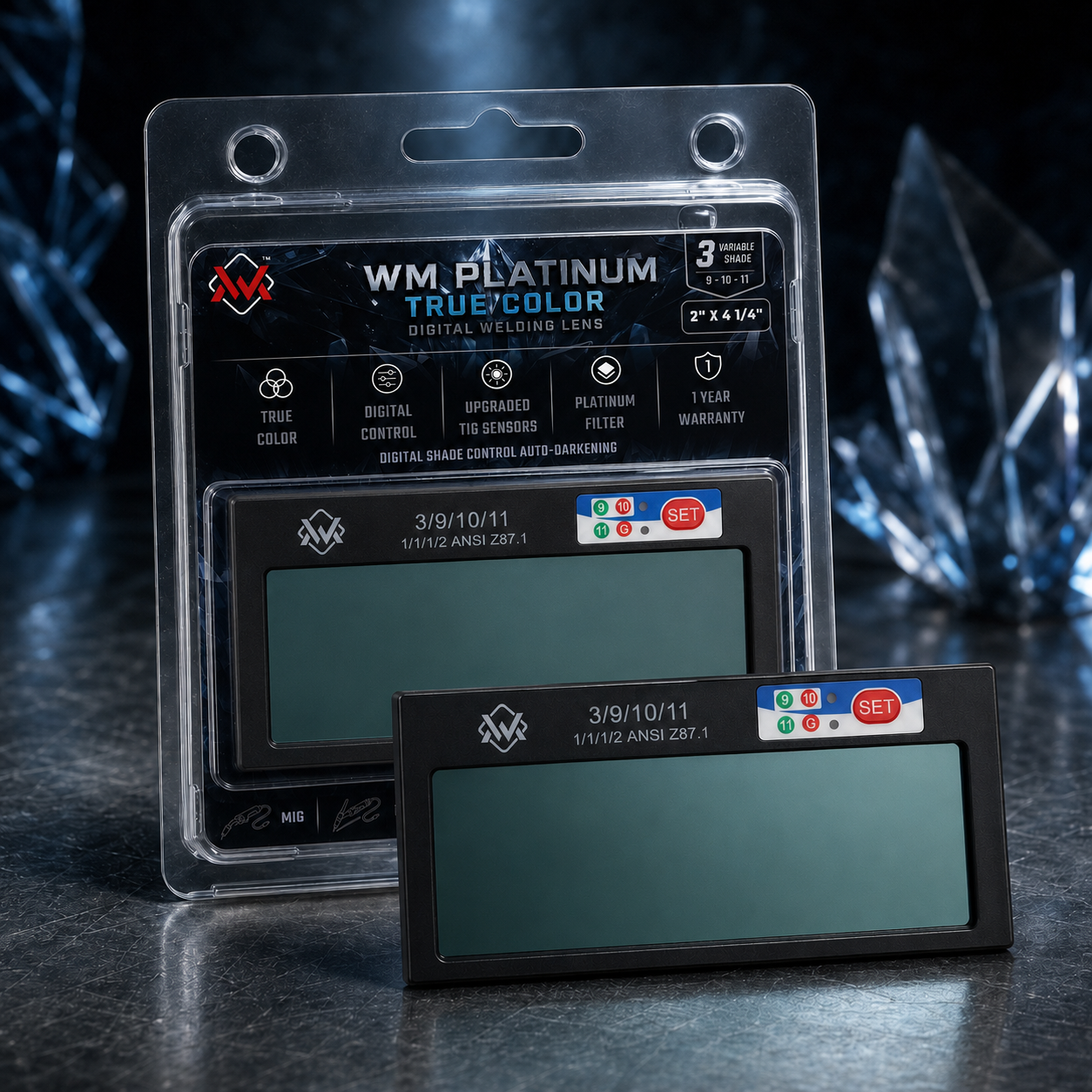 WM Platinum True Color digital auto-darkening welding lens with retail packaging