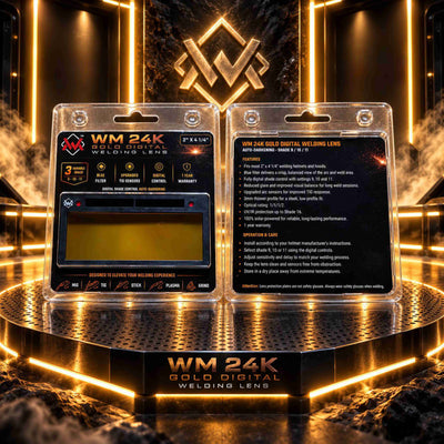 Front and back packaging of the WM 24K Gold Blue View auto-darkening welding lens on a welding table