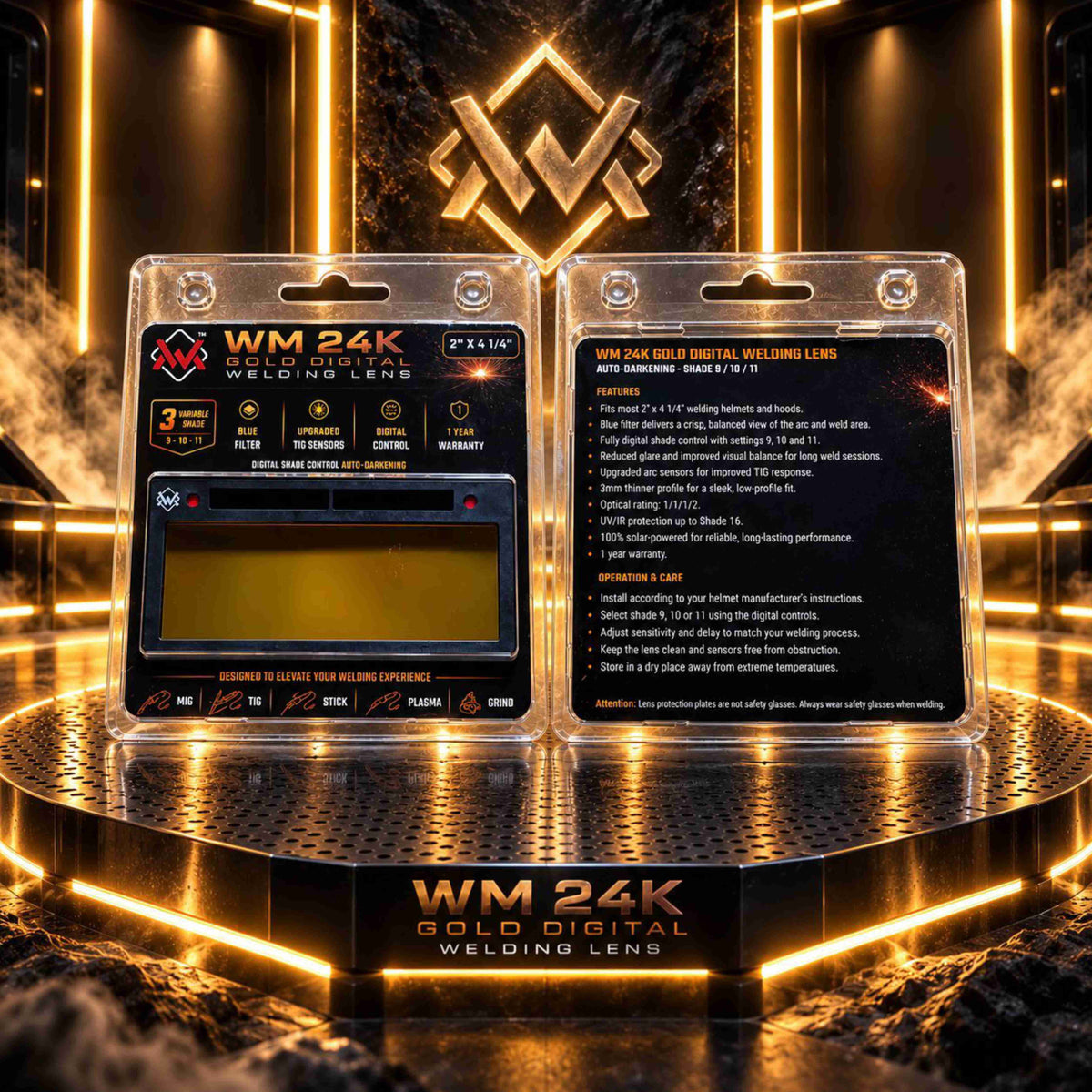 Front and back packaging of the WM 24K Gold Blue View auto-darkening welding lens on a welding table