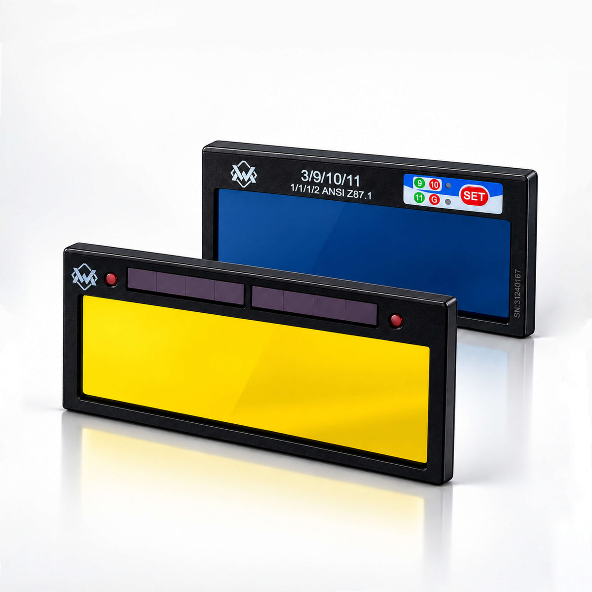 WM 24K Gold Blue View Digital Auto-Darkening Welding Lens front and rear view with blue viewing filter and digital shade controls