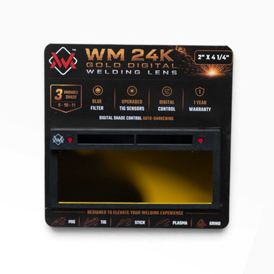 WM 24K Gold Blue View Digital Auto-Darkening Welding Lens in retail packaging with variable shade 9-10-11 and blue filter