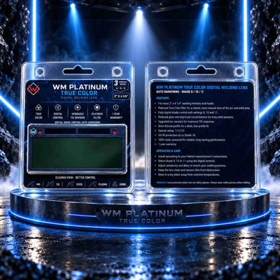 Front and back packaging of the WM Platinum True Color digital auto-darkening welding lens on a welding table