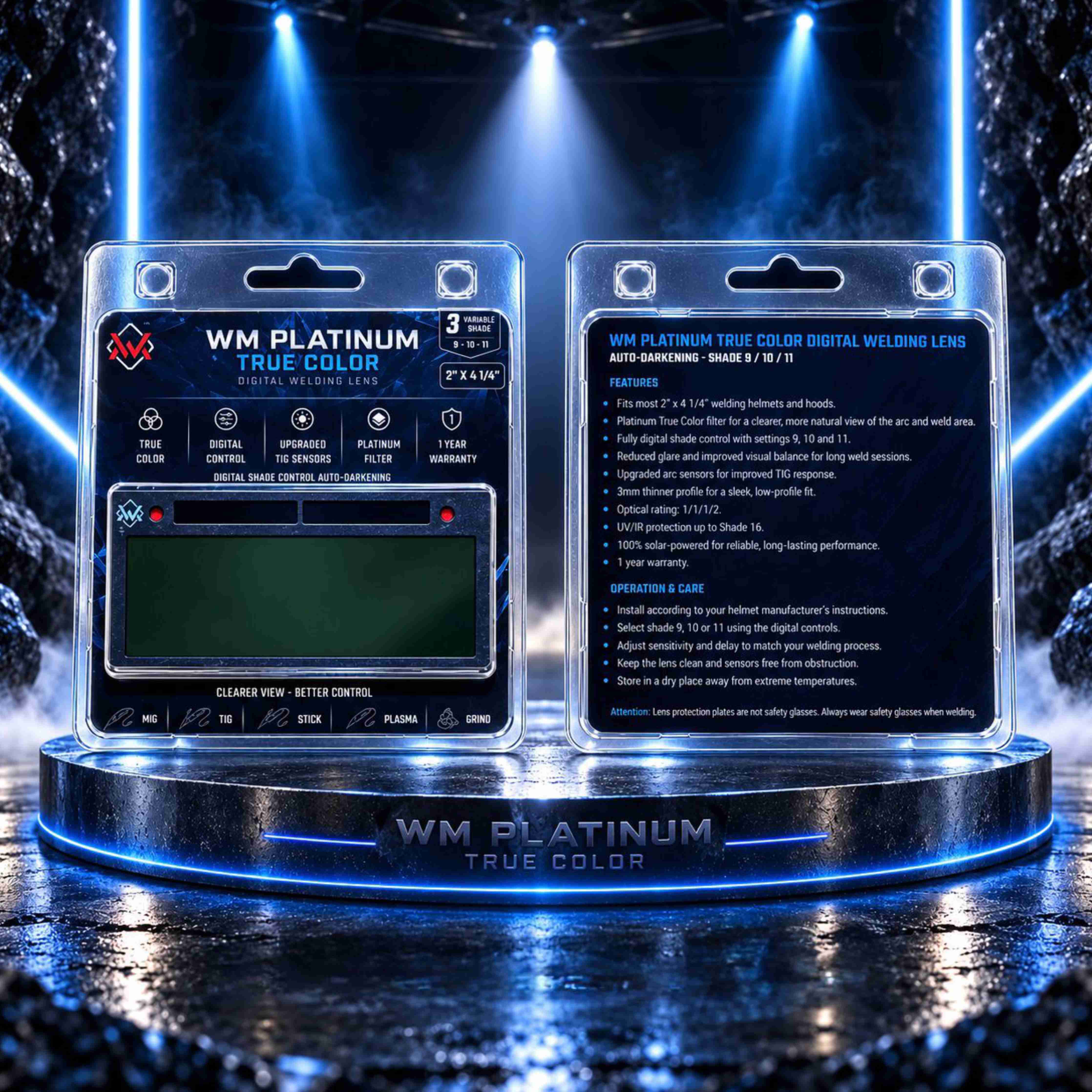 Front and back packaging of the WM Platinum True Color digital auto-darkening welding lens on a welding table