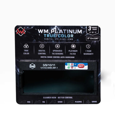 WM Platinum True Color Digital Auto-Darkening Welding Lens in retail packaging with variable shade 9-10-11, TIG sensors and platinum filter