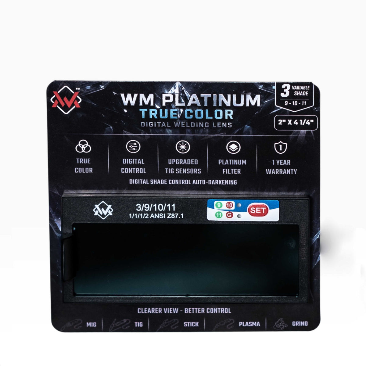 WM Platinum True Color Digital Auto-Darkening Welding Lens in retail packaging with variable shade 9-10-11, TIG sensors and platinum filter