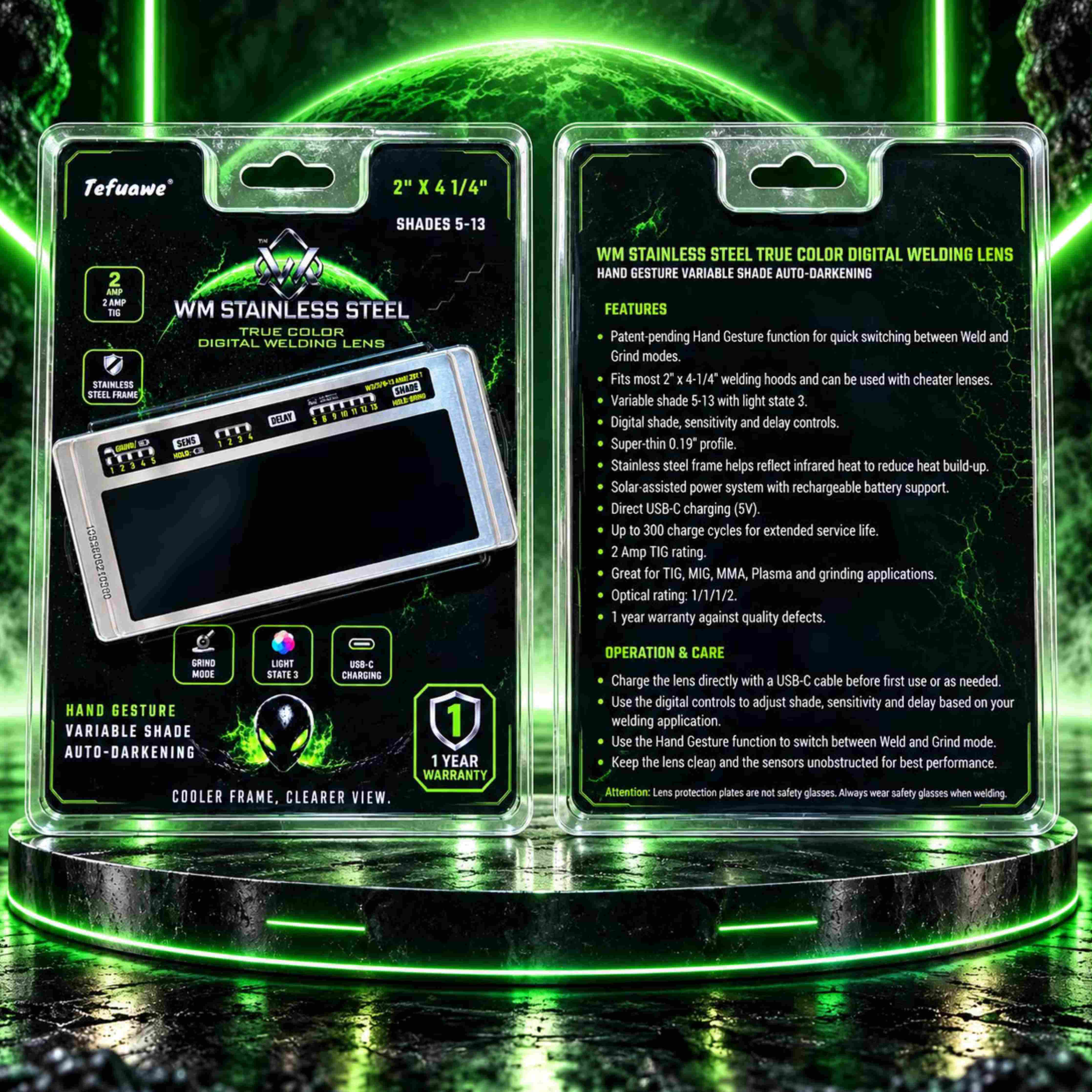 Front and back retail packaging for the WM Stainless Steel True Color Digital Welding Lens on a green-lit display