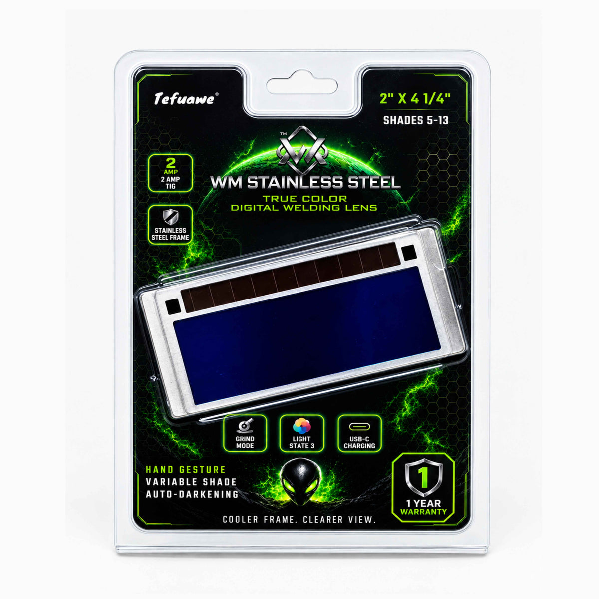 WM Stainless Steel True Color Digital Welding Lens in retail packaging with variable shade 5-13, grind mode and USB-C charging
