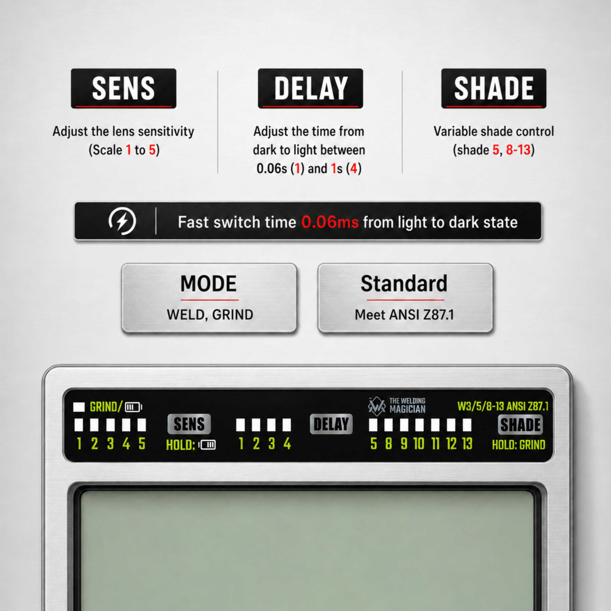 WM Stainless Steel True Color Digital Welding Lens control guide showing sensitivity, delay, variable shade 5-13, weld and grind modes
