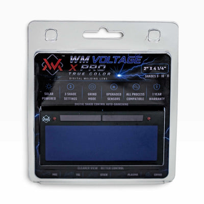 WM Voltage X Pro True Color Digital Auto-Darkening Welding Lens in retail packaging with shades 9-10-11, grind mode and solar power