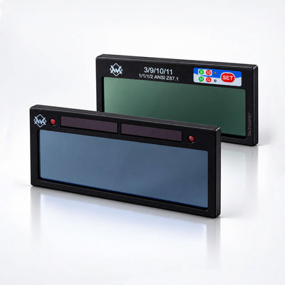 WM Voltage X Pro True Color Digital Auto-Darkening Welding Lens front and rear view with blue viewing lens and digital shade controls